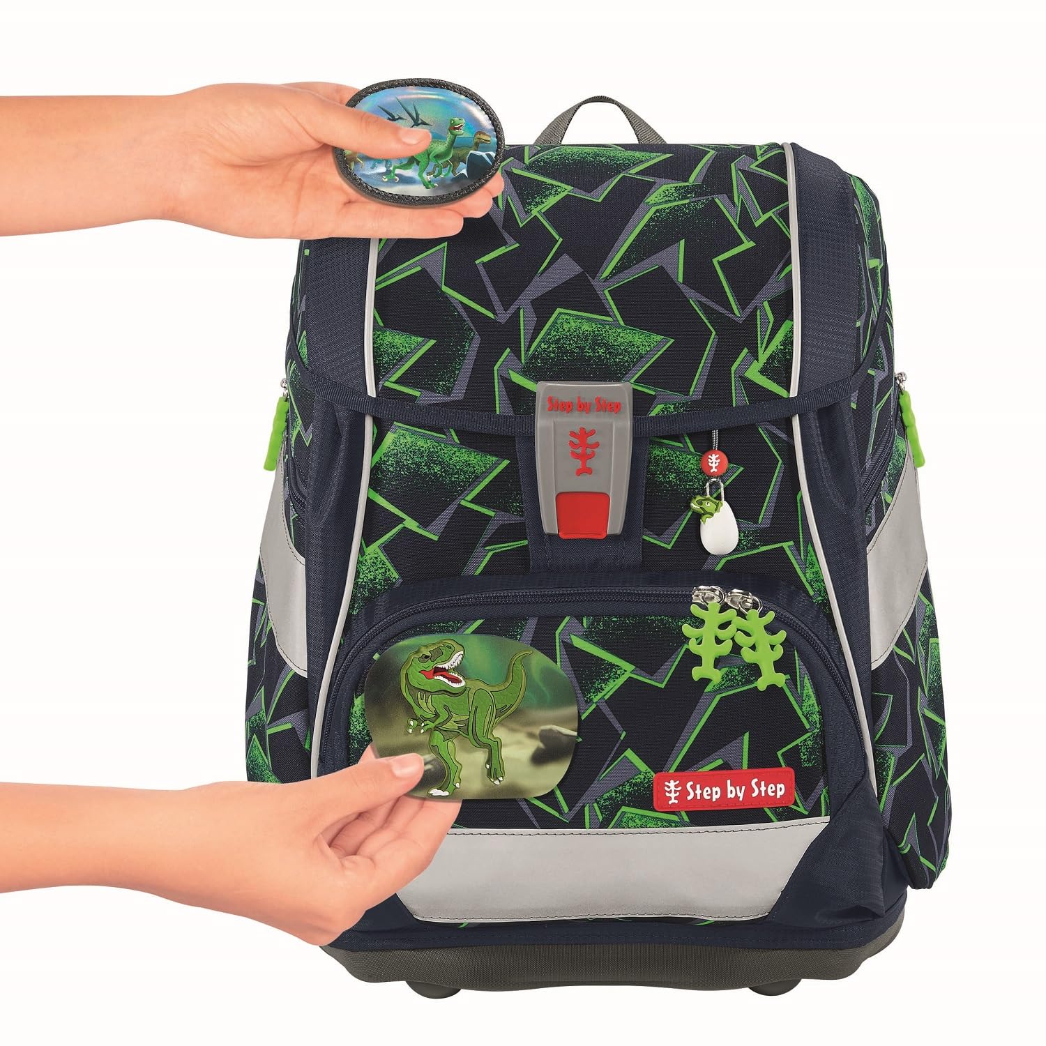 Step by Step Schulranzen-Set 2IN1 Plus „Wild T-Rex Taro“ 7-teilig, inkl. Edelstahl Isolierflasche, höhenverstellbar mit Hüftgurt, für die Grundschule, ab der 1. Klasse, 19L, grün-schwarz, Dino-Design