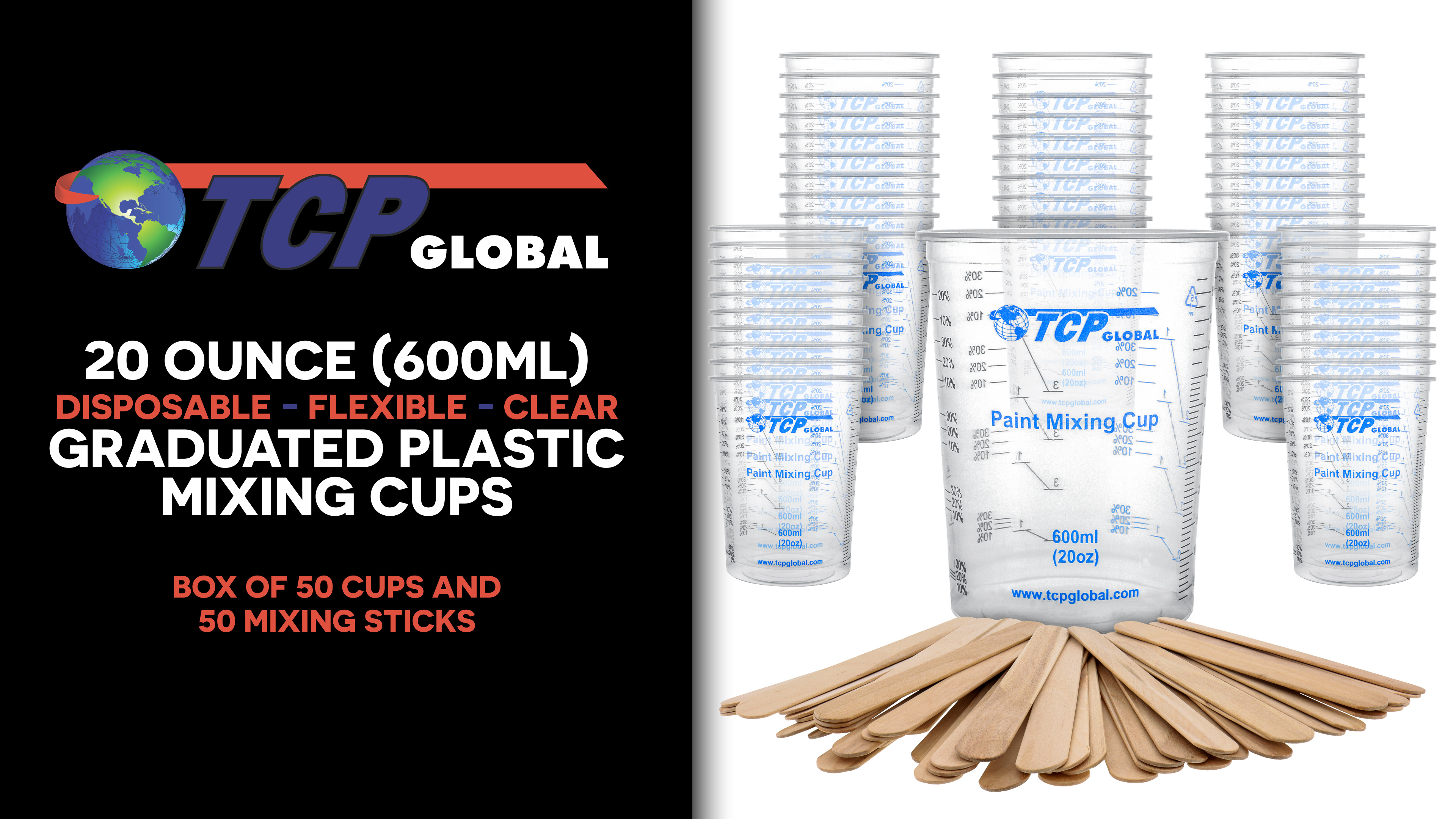 50-Pack 20 Oz Disposable Plastic Mixing Cups – Flexible, Graduated – Clear