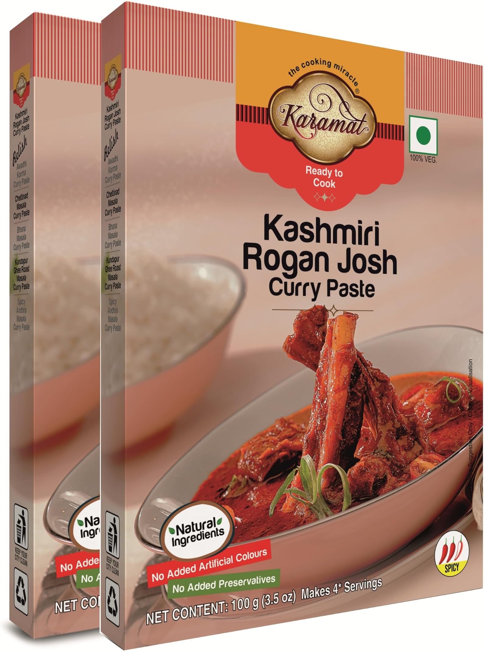 Karamat Kashmiri Rogan Josh Curry Paste Pack of 2 (100g each, Veg.), Ready to Cook, Instant Food Gravy Paste, Indian and Mughlai Delicacies