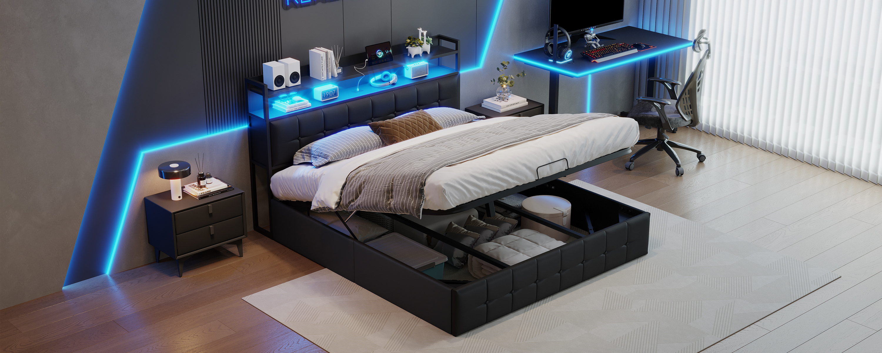 Letto Contenitore 160x200 Con LED E 2 Cassetti, Letto Imbottito Con Rete A Doghe Letto Matrimoniale Struttura In Metallo