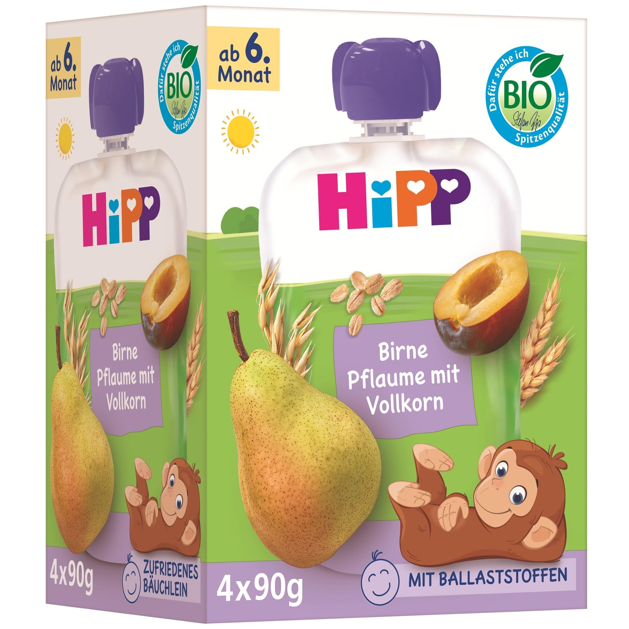 HiPP Bio Quetschie Birne Pflaume mit Vollkorn, 16 Stück (4er Pack mit je 4 x 90g), für Babys ab 6. Monat, ohne Zuckerzusatz, Vegan