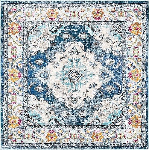 Miniatura 35 de Safavieh Tapete de área grande, colección Monaco, 11 pies x 15 pies, azul marino y celeste, diseño desgastado de medallón, no desprende pelusa