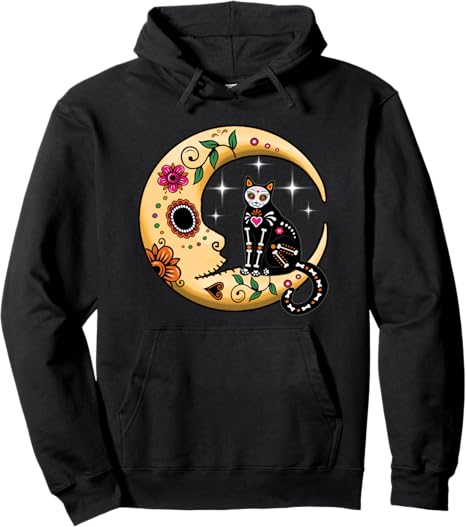 Cat & Moon Sugar Skull Dia de Los Muertos Day tees