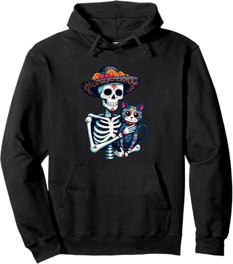 Skeleton & Cat Sugar Skull Día de los Muertos tees