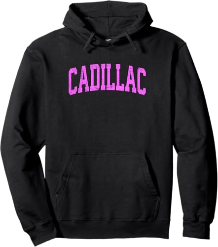 Cadillac Michigan MI Vintage Athletic Sports Pink Design Pullover Hoodie Black,Asphalt Grey,Red,Dark Green,Lemon Yellow,Dark Heather Grey,Heather