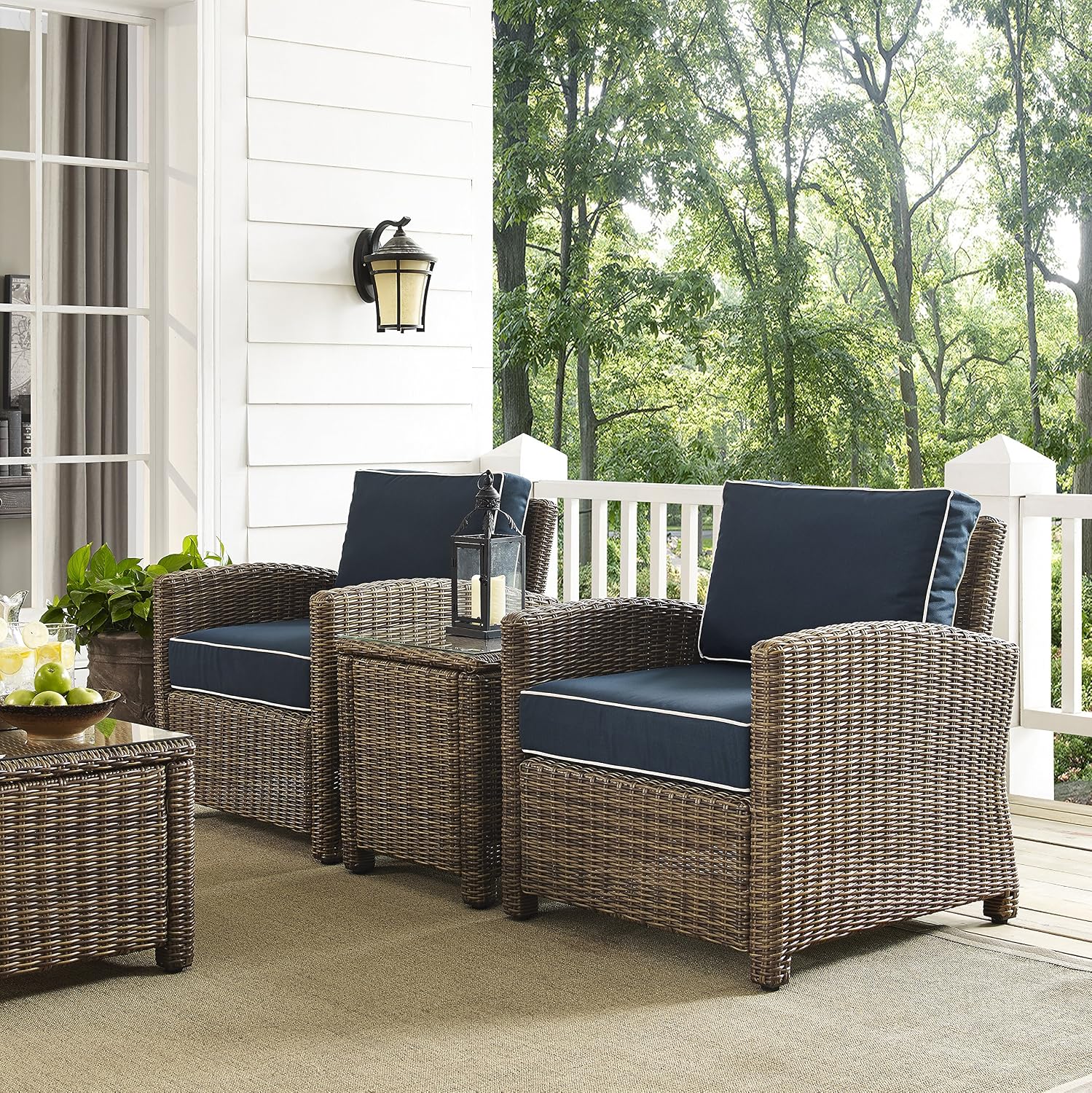 Crosley Furniture Bradenton 3-Piece Outdoor Chair and Side Table Set, Wicker Patio Conversation Sets, Brown with Navy Cushions