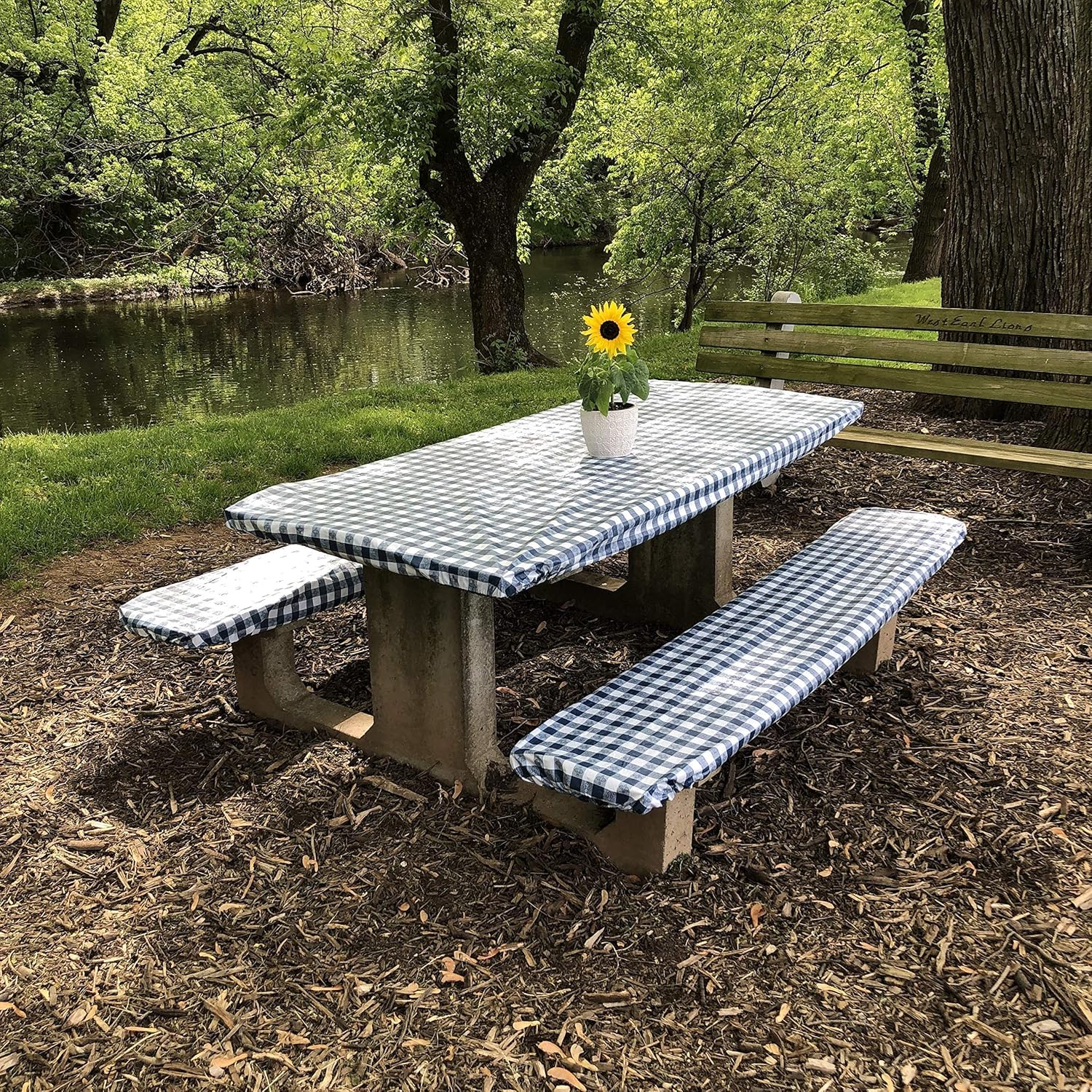 Boxwood and Mum Handmade Water Resistant Vinyl Tablecloth and Bench Cover Set, Fitted Adjustable Outdoor Patio Furniture Table Cover, Rectangle Tablecloth for Dining Table Cover, Camping, or Picnic