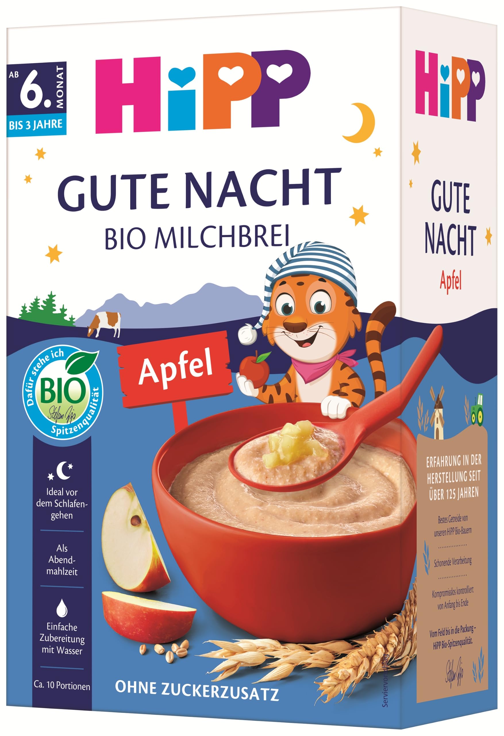 HiPP Bio Milchbrei Gute-Nacht Hafer Apfel (4 x 475g), ab 8. Monat, ohne Zuckerzusatz, mit Vollkorngetreide, schonende Verarbeitung - sanft zu Babys Bäuchlein