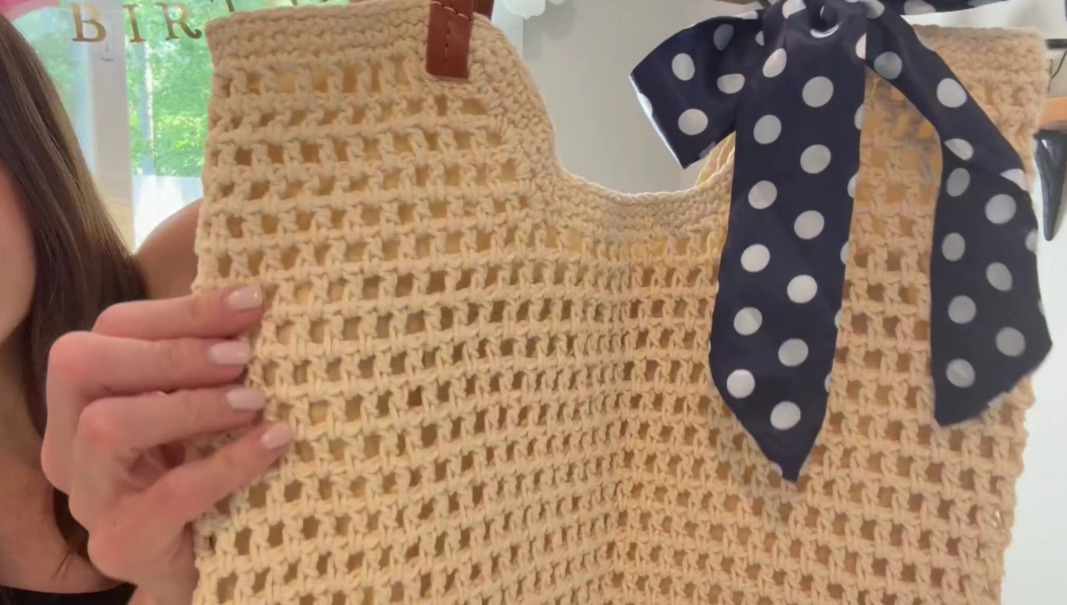 Bolso de playa tejido grande con asas de cuero miniatura 7