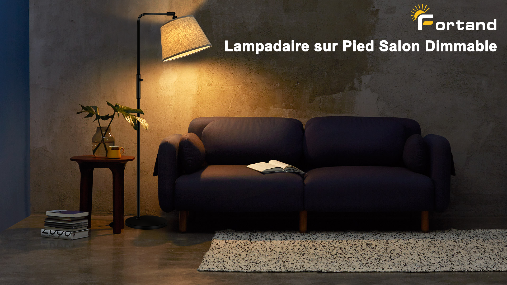 Lampadaire LED Fortand Moderne 165cm - 3 Températures De Couleur, Abat-jour Lin Réglable 360°, Interrupteur Pied, Ampoule 12W E27 Incluse Pour Salon Chambre