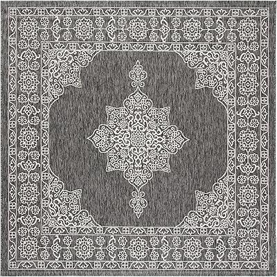 SAFAVIEH Courtyard Collection 6'7" x 6'7" Square Black/Ivory CY8232 Indoor/ Outdoor Waterproof Easy Cleaning Patio Backyard Mudroom Area Rug