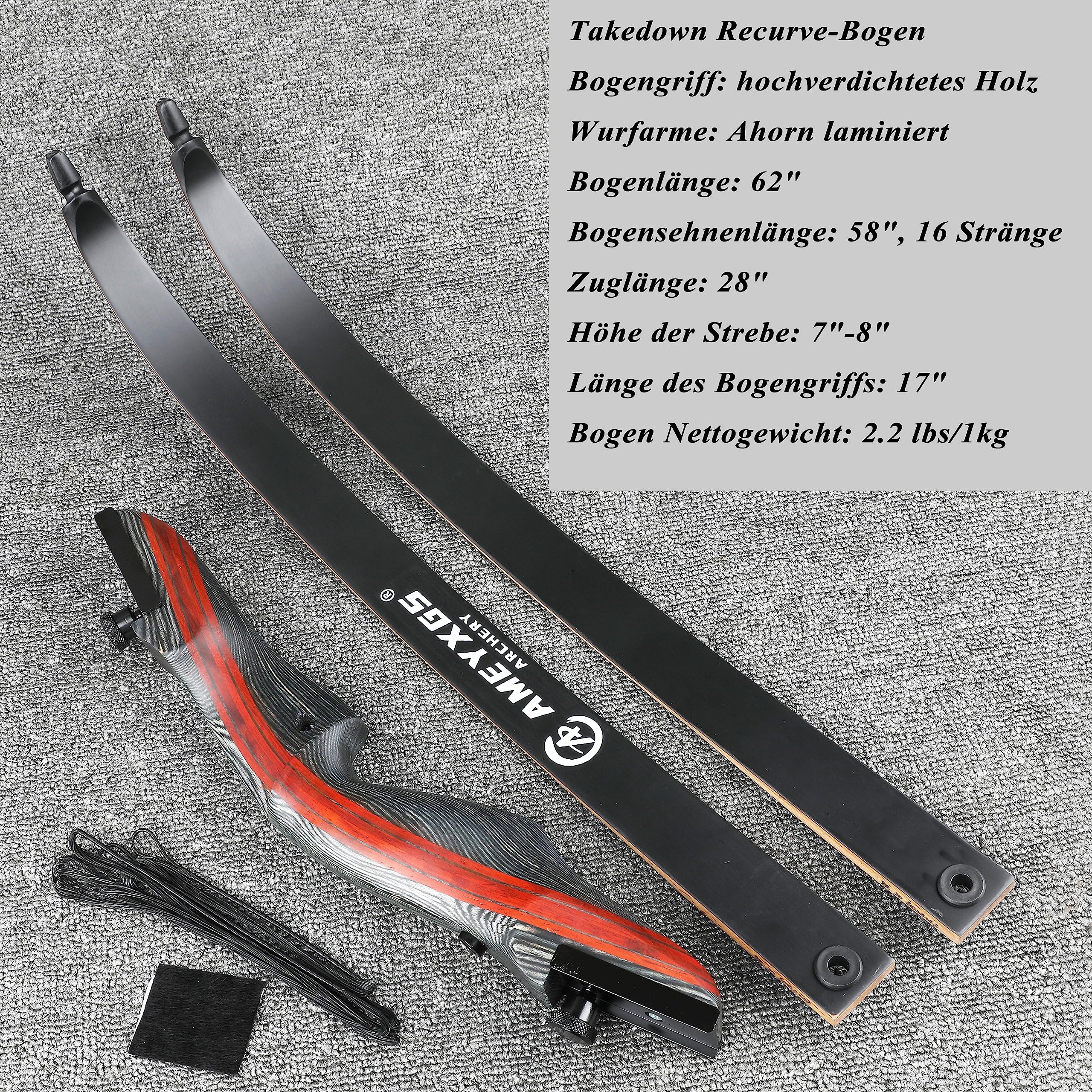 AMEYXGS Takedown Arc recurve et Ensemble de flèches 62 Pouces tir à l'arc Arc de Chasse pour Adolescents et Adultes 20-35lbs Arc Traditionnel en Bois Arc Long avec flèches en Carbone (30bls)