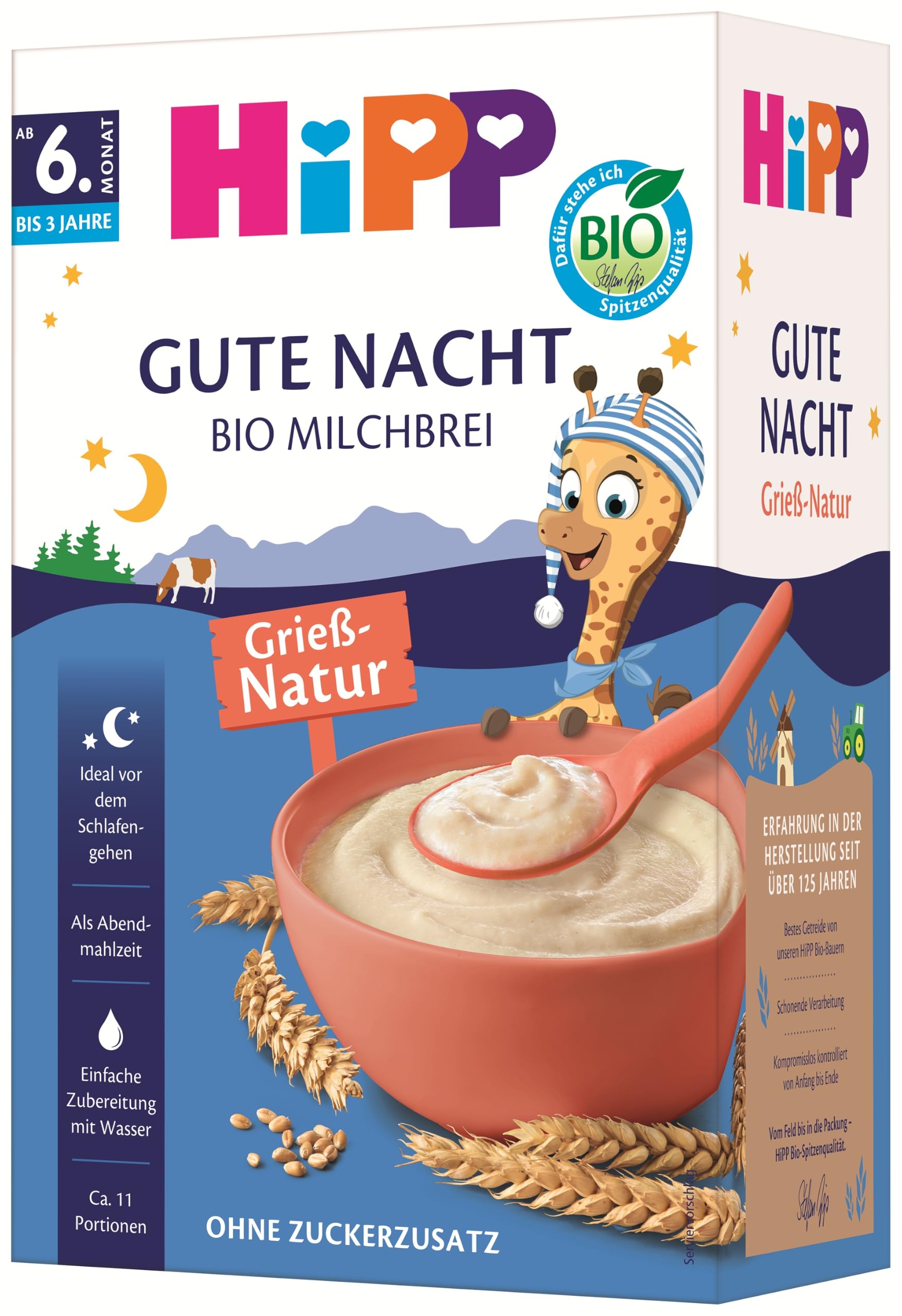 HiPP BIO Milchbrei Kindergrieß (4 x 475g), ab 6. Monat, ohne Zuckerzusatz, schonende Verarbeitung - sanft zu Babys Bäuchlein