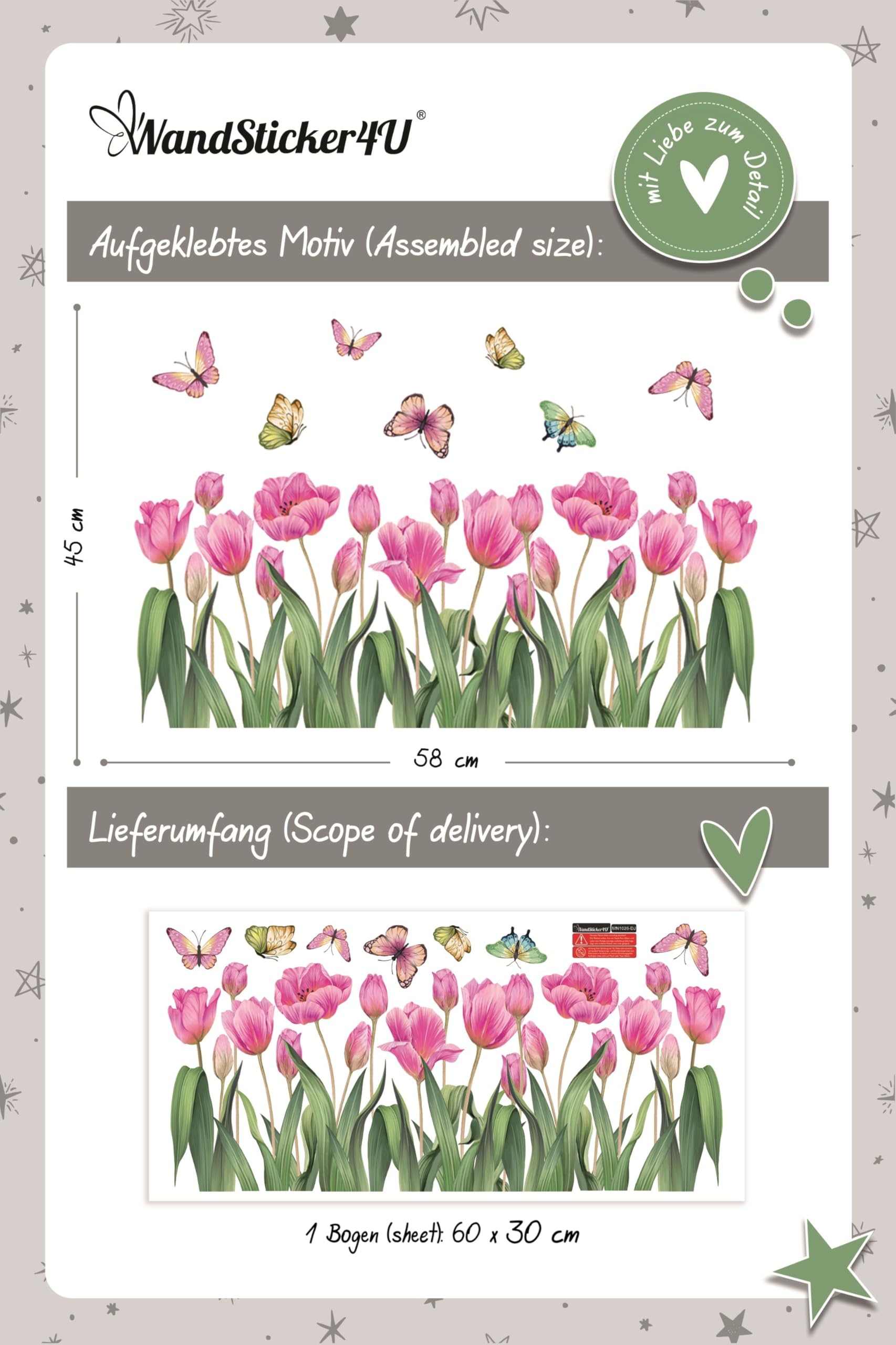 WandSticker4U®- Pegatinas ventanas primavera flores TULIPANES rosa (58x45 cm) I Vinilo ventanas flores mariposas I Decoración ventana salón dormitorio infantil cocina baño verano (no adhesivo)