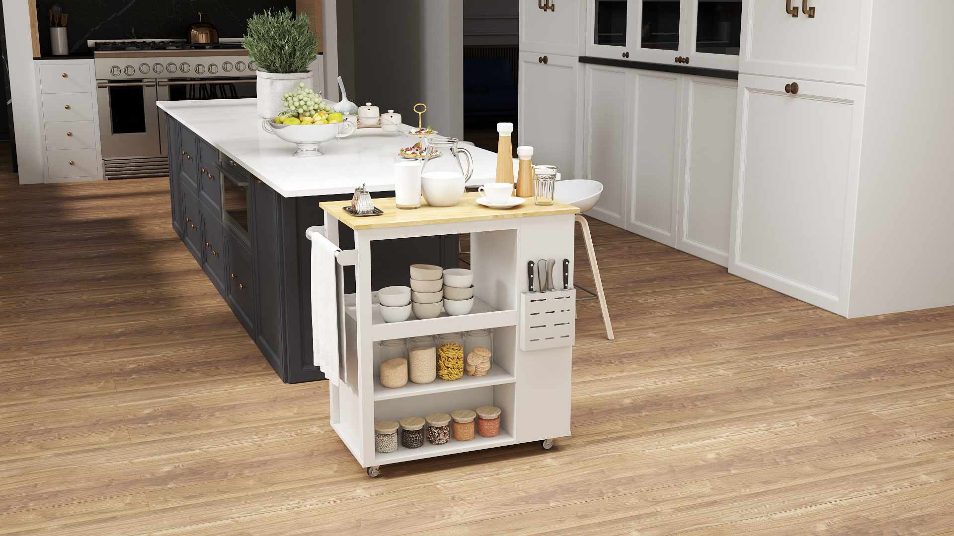Carrello Da Cucina HOMCOM 2 Ripiani + Vassoio - Legno Di Pino E MDF Bianco, 4 Ruote Girevoli