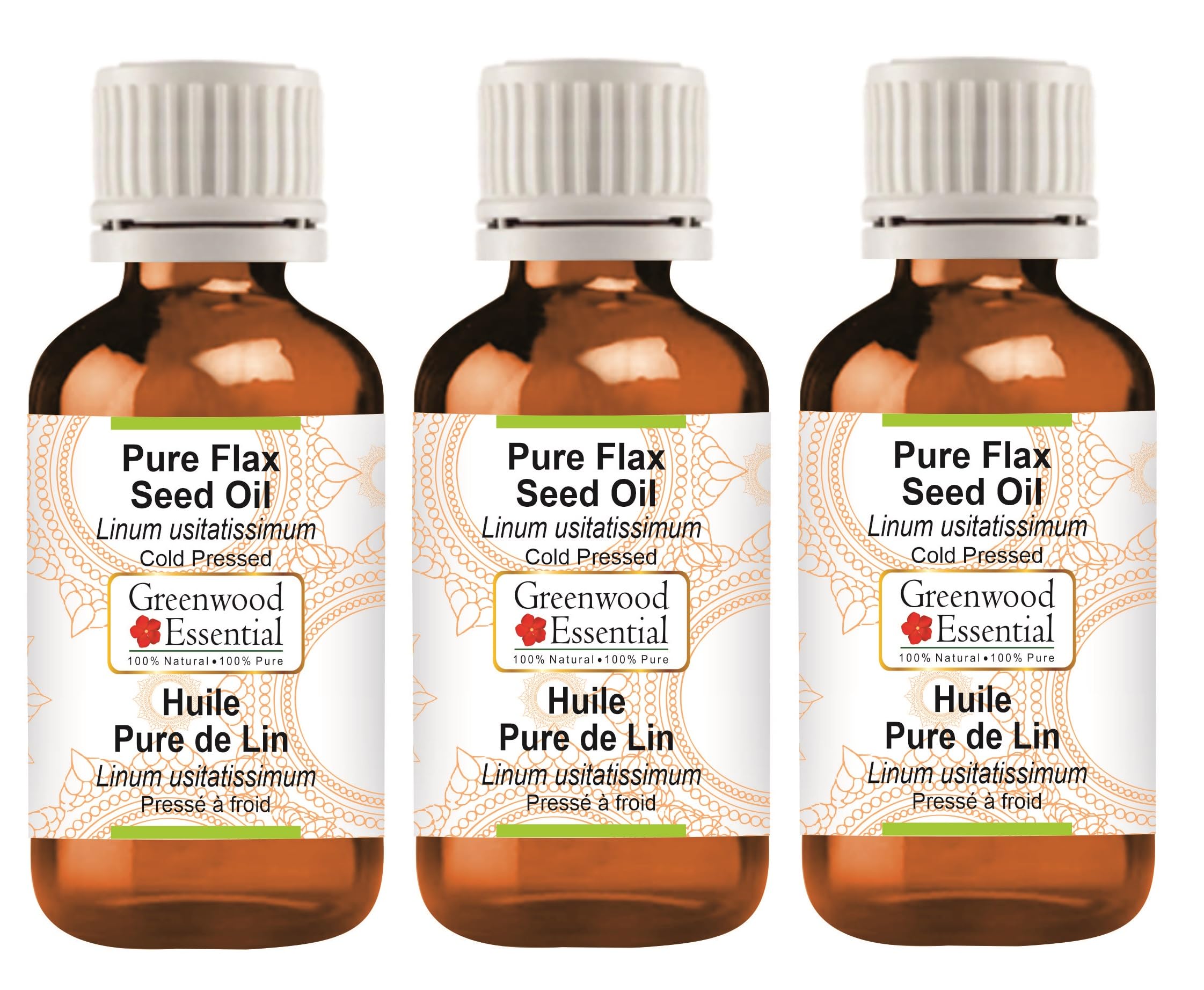 Greenwood Essential Huile de lin naturelle pure (Linum usitatissimum) pressée à froid 100 ml x 3 (10 oz)