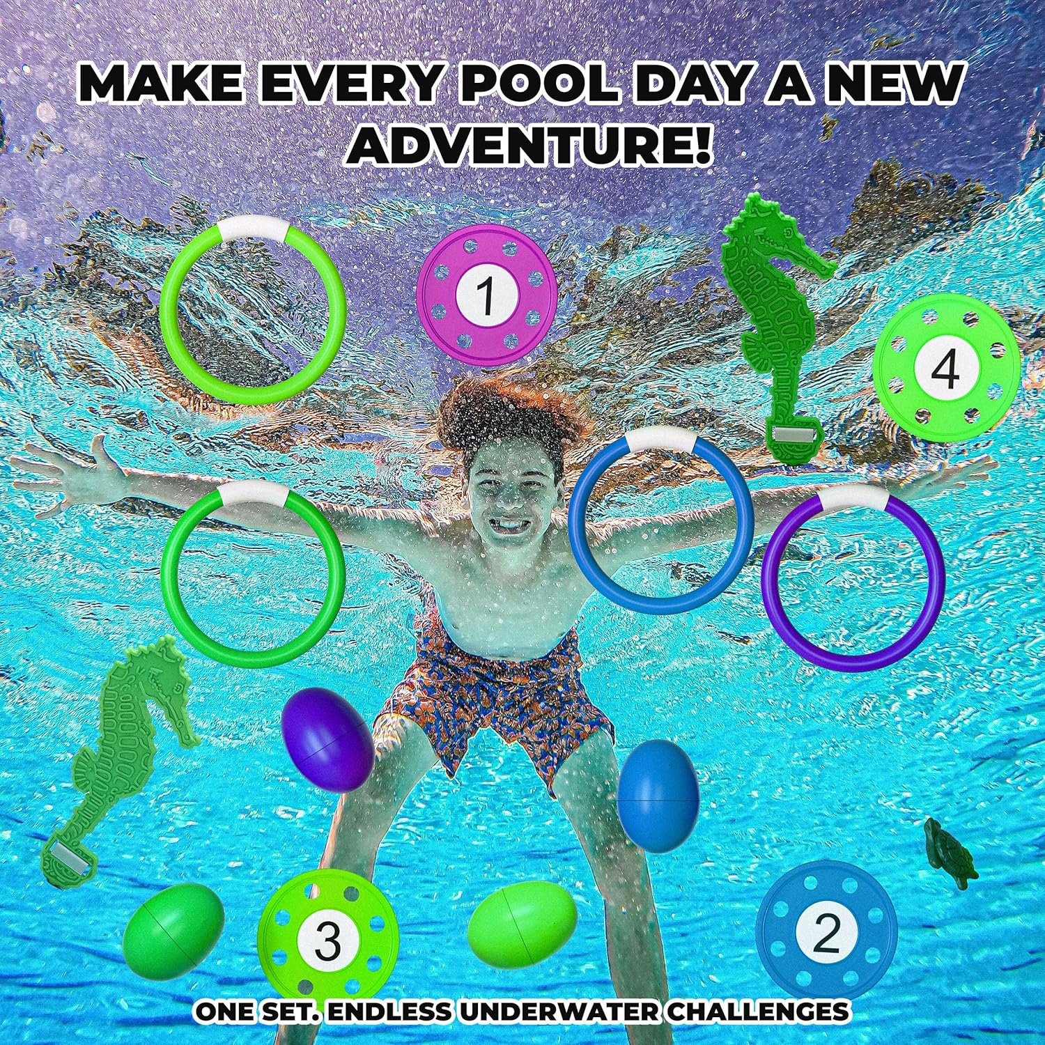 Water Gear Deluxe Water Fun Pack with Multi Game Action - Underwater Dive Set for Pool Toys and Outdoor Play - Complete Water Pack with Ring Set and Storage Bag