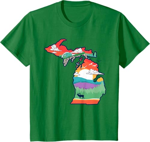 Miniatura 38 de Michigan Outside Vintage Nature Illustration Artistic T-Shirt Slate Grey,White,Baby Blue,Red,Silver Grey,Dark Green,Kelly Green,Olive Green,Lemon