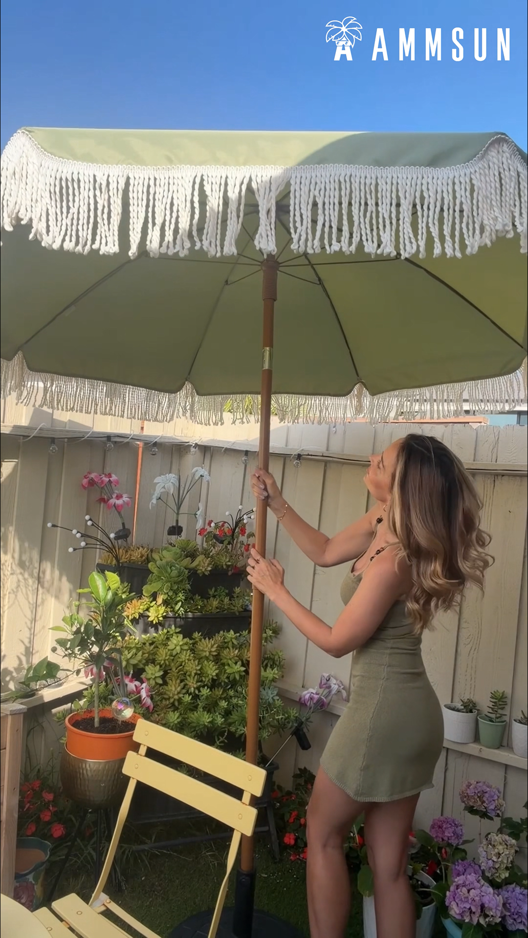 AMMSUN 7ft Patio Umbrella with Fringe Outdoor Tassel Umbrella UPF50+ Premium Steel Pole and Ribs Push Button Tilt, Sage Green : Patio, Lawn & Garden
