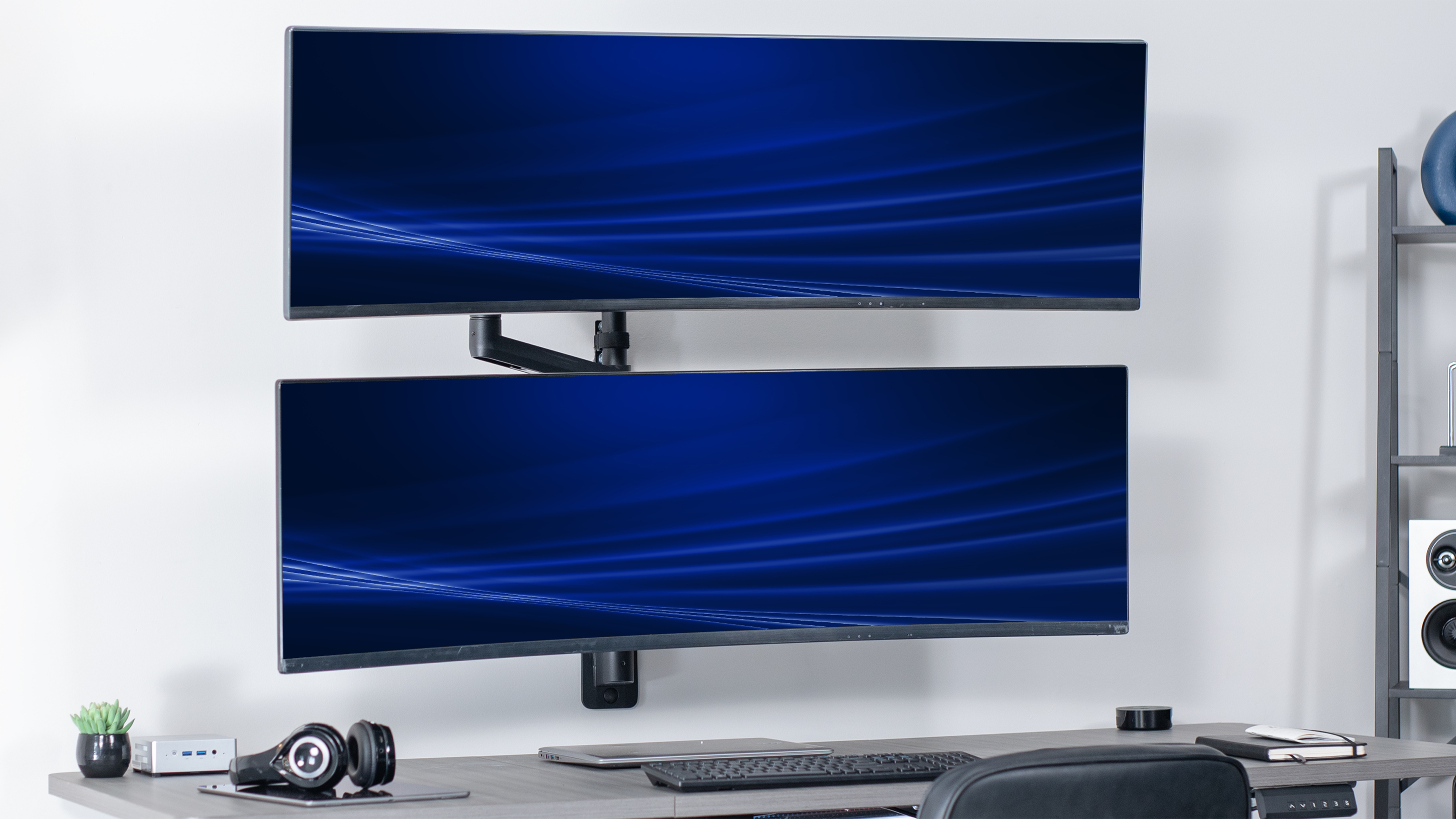 VIVO STAND-V120K Supporto Monitor Doppio Ultrawide Con Braccio Pneumatico, Per Schermi Fino A 49", 20kg Cad., Morsetto, Nero