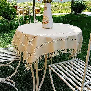 Secret Sea Collection: Handmade Cotton Tablecloth with Evil Eye Beads – Boho Chic, Washable, Durable (36"x36") Beige