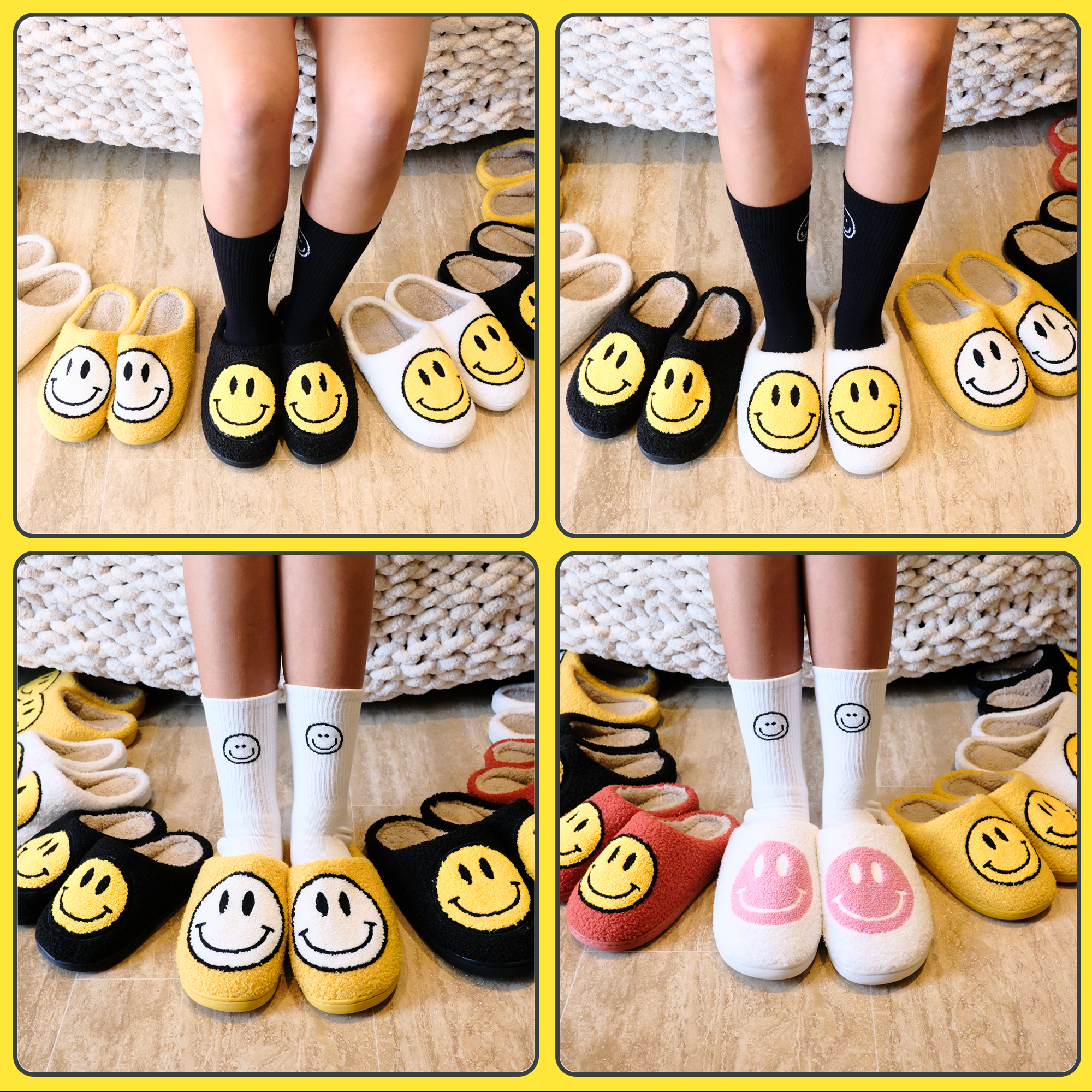 Pantuflas Retro Peludas Para Ujeres,Pantuflas De Cara Sonriente