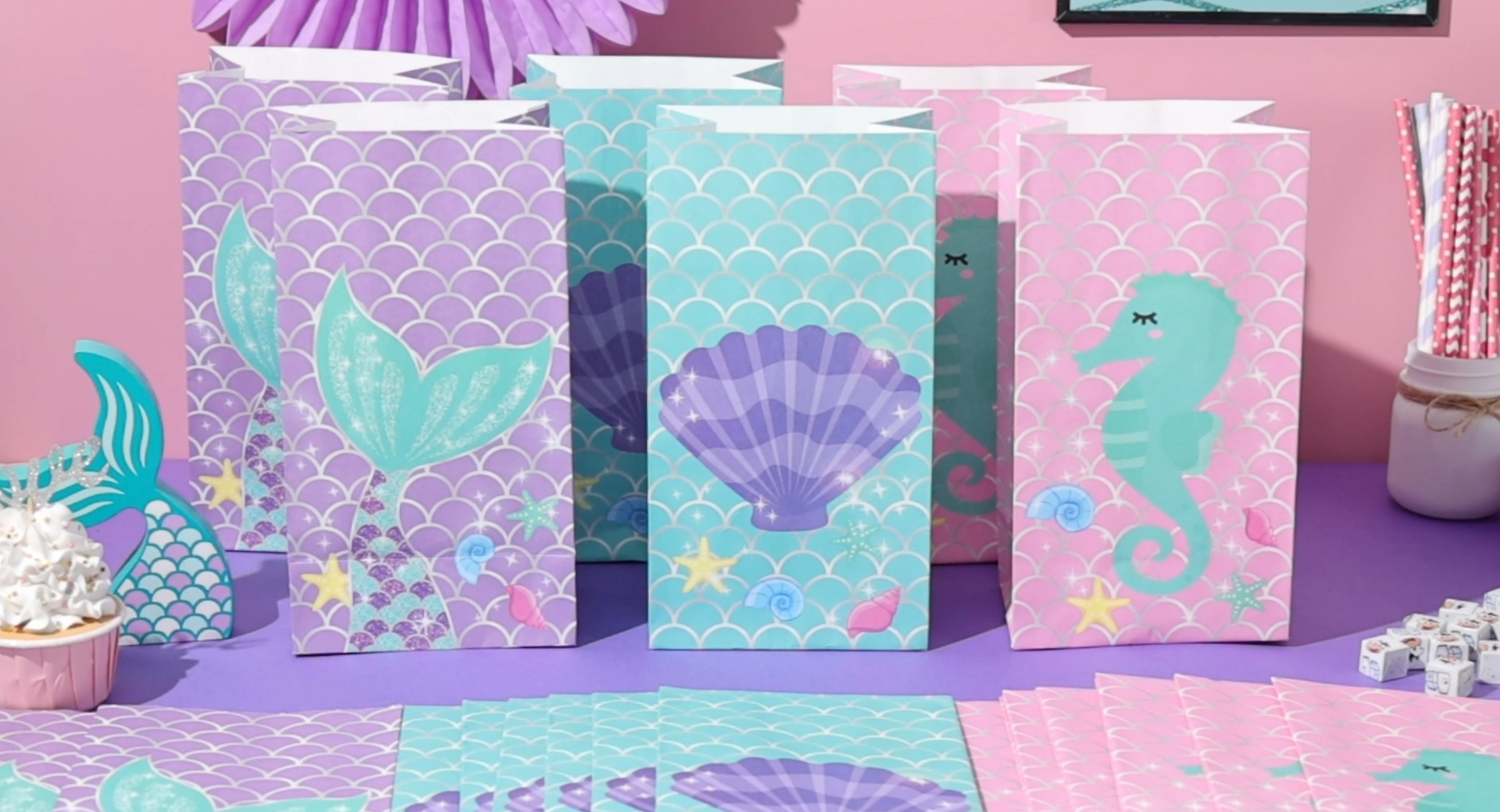 Clabby Mermaid Party Favor Bags - 24 Pack, Drawstring, 10x7 Inch, Polyester, 8 Designs - View #8