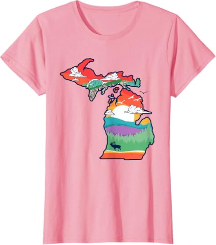 Miniatura 69 de Michigan Outside Vintage Nature Illustration Artistic T-Shirt Slate Grey,White,Baby Blue,Red,Silver Grey,Dark Green,Kelly Green,Olive Green,Lemon