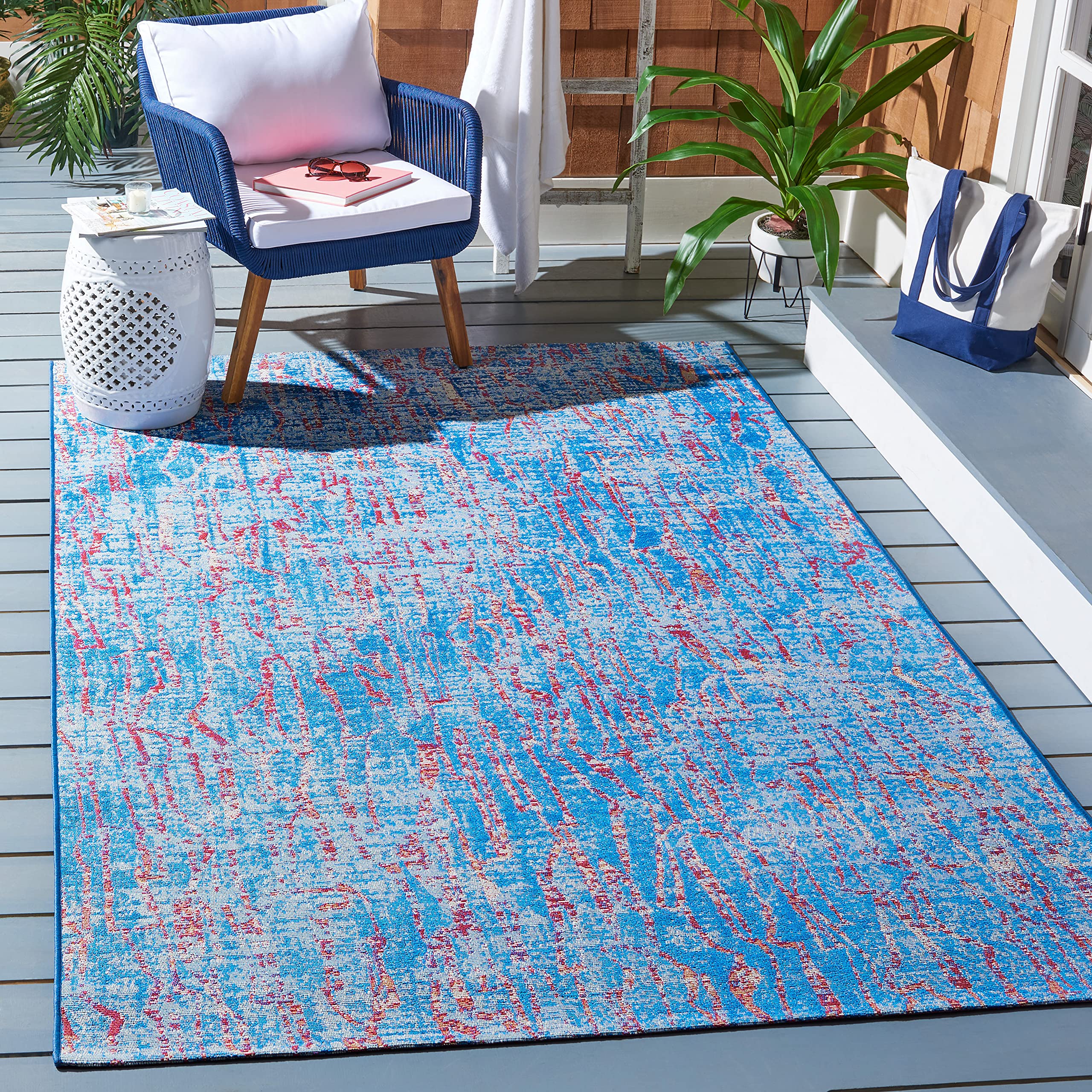 SAFAVIEH Washable Rug Outdoor Summer Collection - 5'3" x 7'6", Blue & Red, Non-Shedding & Easy to Clean, Ideal for Patio, Backyard, Mudroom (SMR408M)