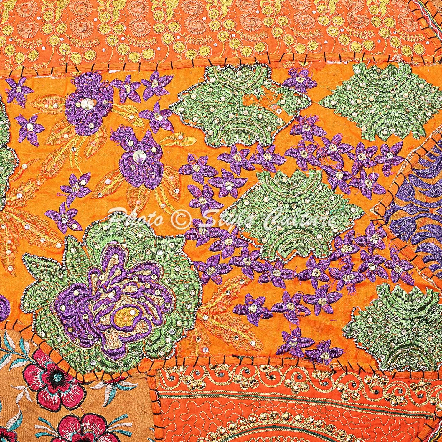 Indian Floor Pillow Cover Vintage Patchwork Round Bohemian Seating Orange Large 32x32 Decorative Decor Seating Tuffet Seat Pouf Cover Footstool Cotton Embroidered 1 Pc