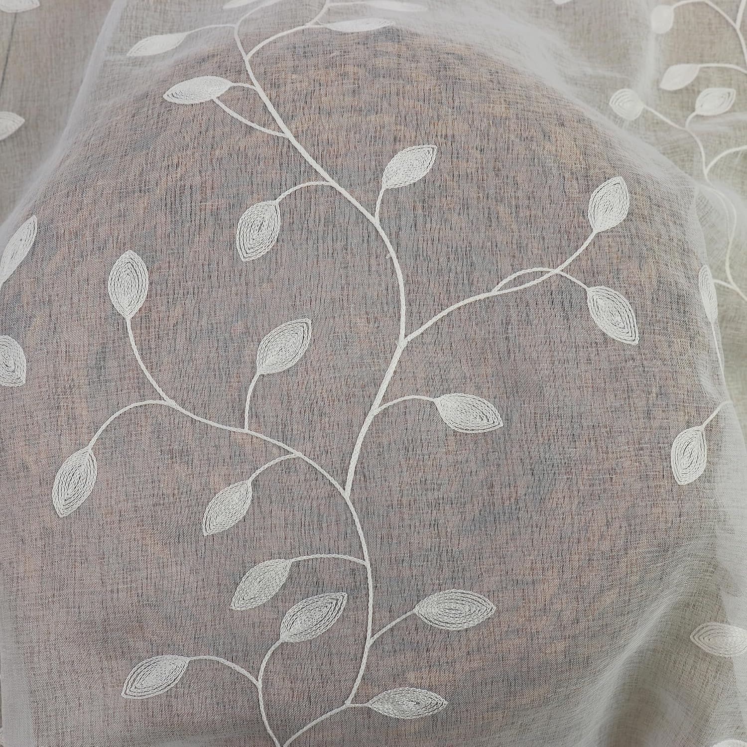 SLOW SOUL Set of 2 Panels White Leaves Sheer Curtains French Door Curtains Semi Sheer Leaf Embroidered Curtains & Drapes for Bedroom Living Room Rod Pocket 52W X 90L inch