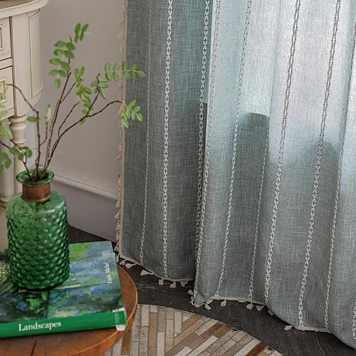Miniatura 5 de Sutuo Home Cortina bohemia para dormitorio, sala de estar, cocina, semi opaca de lino con borlas estilo desgastado chic con borlas para tratamiento