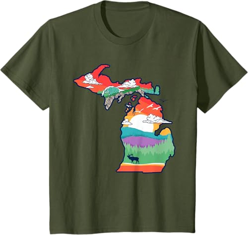 Miniatura 31 de Michigan Outside Vintage Nature Illustration Artistic T-Shirt Slate Grey,White,Baby Blue,Red,Silver Grey,Dark Green,Kelly Green,Olive Green,Lemon