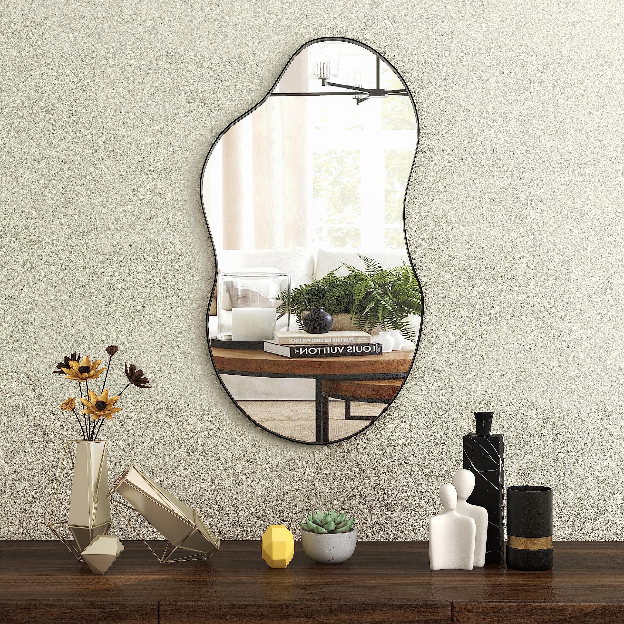 Similar as is SHYFOY Asymmetrical Wall Mirror Decorative Large Irregular Mirrors for Wall Decor Living Room Modern Black Framed Wavy Mirror for Bedroom Entryway Bathroom,22\"x36\"