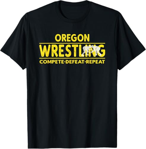 Oregon Wrestling - Compete, Defeat, Repeat T-Shirt Negro,Azul Marino,Asfalto,Blanco,Azul Pastel,Arándano,Rojo,Verde Bosque,Verde Kelly,Verde