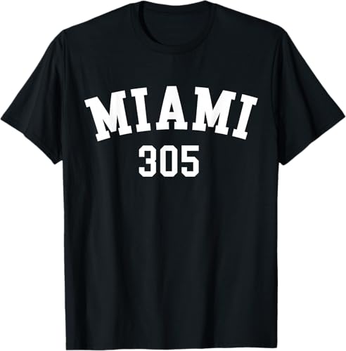 Miami 305 USA American College Font T-Shirt Negro,Azul Marino,Azul Pastel,Arándano,Rojo,Plateado,Hierba,Verde Kelly,Marrón,Verde Oliva,Jaspeado