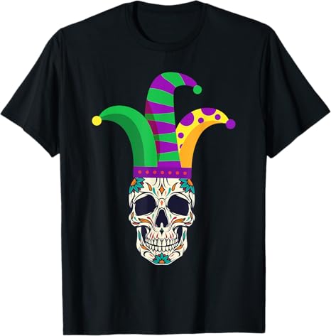 Funny Tee M23T Sugar Skull With Mardi Gras Hat For