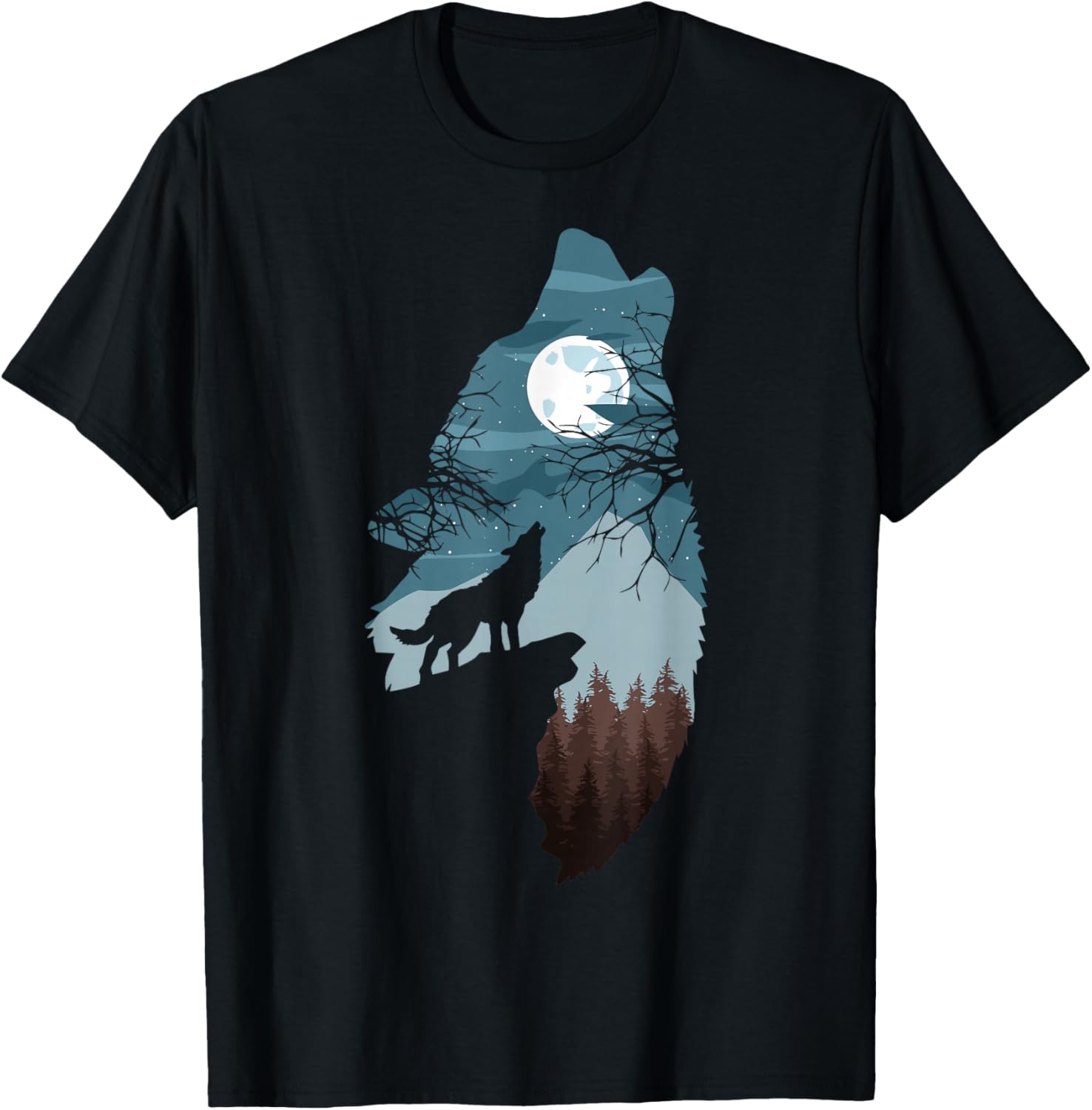 Forest with Full-Moon and Cliff Of Silhouette Howling Wolf T-Shirt