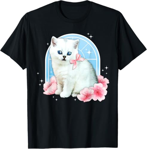 Linda camiseta con diseño de flor de gato estética de los años 90 y 2000, Negro -