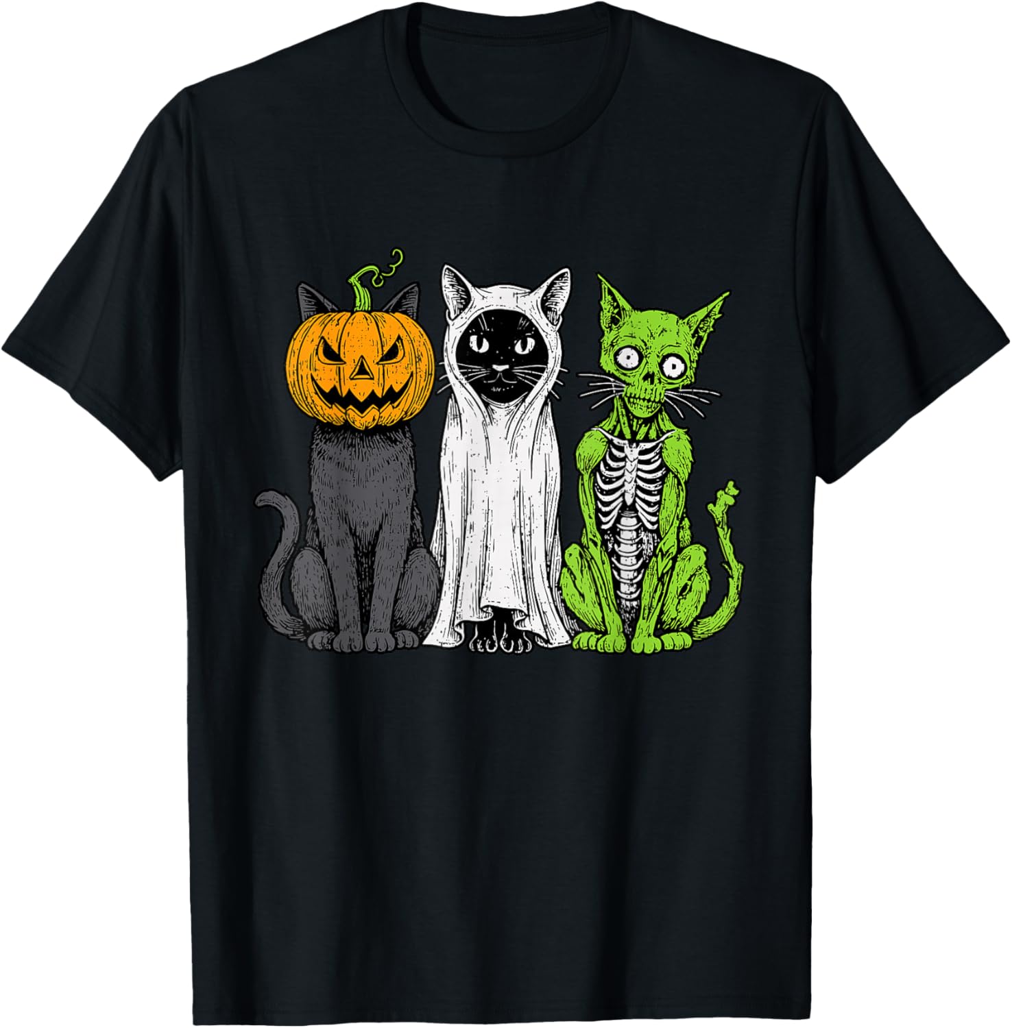 Skeleton Cat Pumpkin Ghost Halloween Kitty Meow Girl Boy Kid T-Shirt