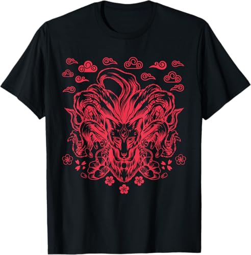 Camiseta de anime japonés Nine Tails Fox Kitsune, Negro -
