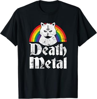 Death Metal Shirt Satanic Cat Rainbow Rock Goth Concert Tee T-Shirt