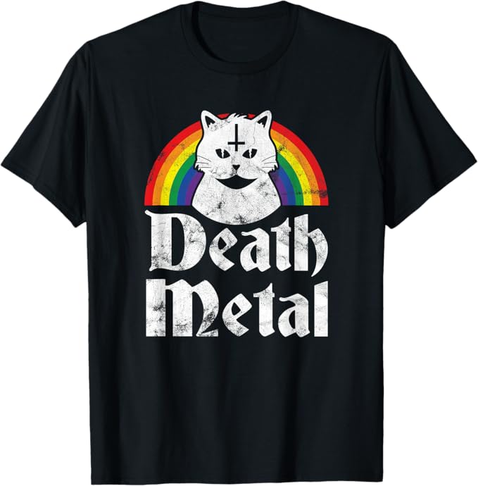 Death Metal Shirt Satanic Cat Rainbow Rock Goth Concert Tee T-Shirt