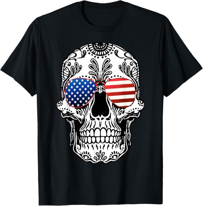 Skull American Flag Glasses Sugar Skull US Stars & Stripes Women Men T-Shirt