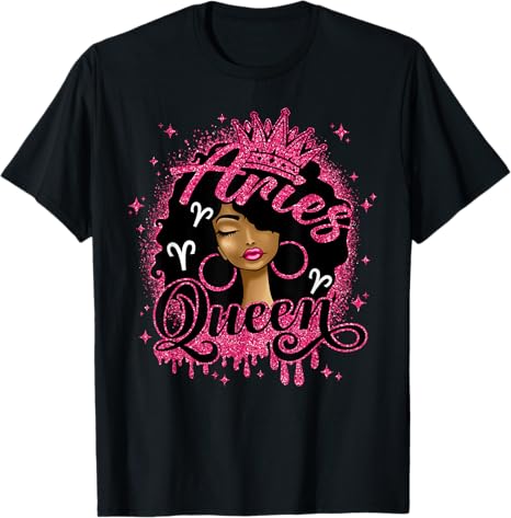 Aries Queen Curly Afro Woman Girl Birthday Zodiac Sign T-Shirt