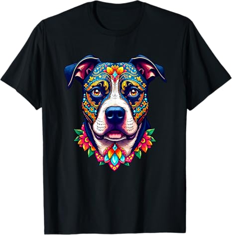 Sugar Skull Pitbull Dog Lovers Day Of The Dead Tee
