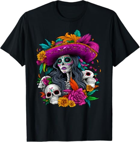 Day Of The Dead Sugar Skull Skeleton Ades.tshirt