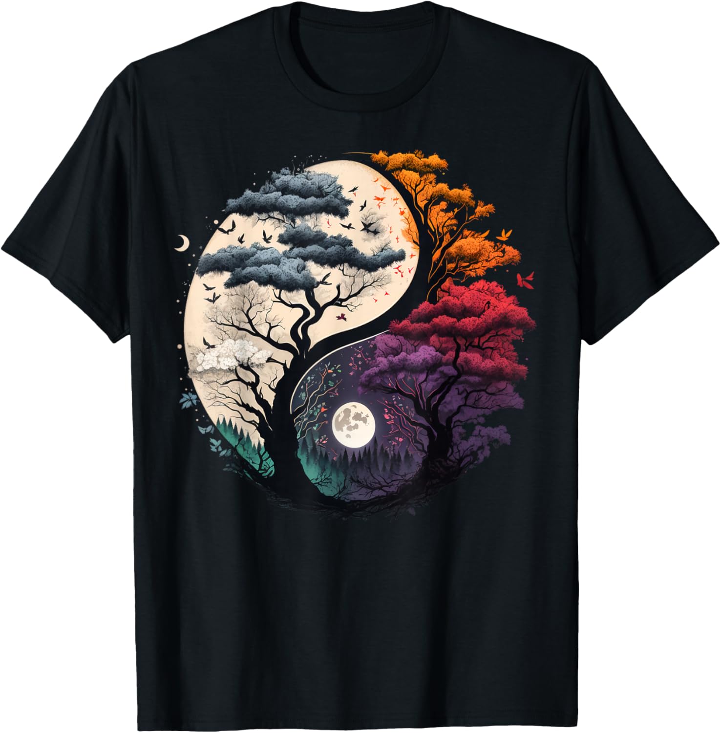 Harmony Feng Shui Taoist Yin Yang Balance symbol Unisex Adults Black Tree of Life Yin Yang T-Shirt Small (6/8) Short Sleeve