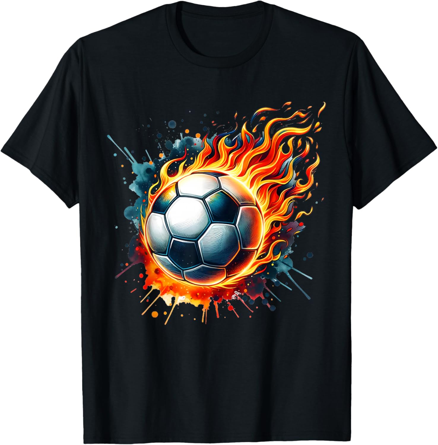 Flaming Soccer Ball on Fire Colorful Splash Sports Lover Fan T-Shirt