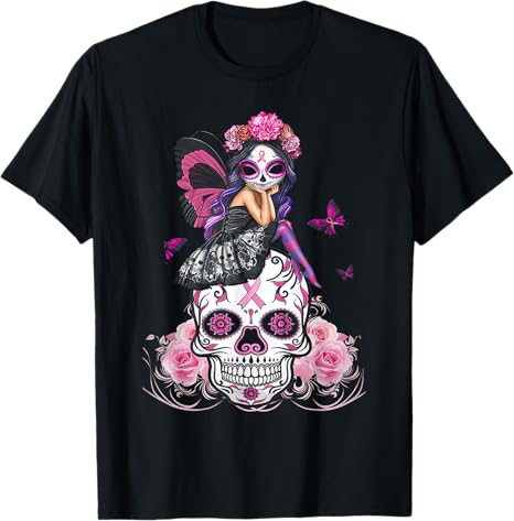 Fairy Sugar Skull Breast Cancer Butterfly Pink